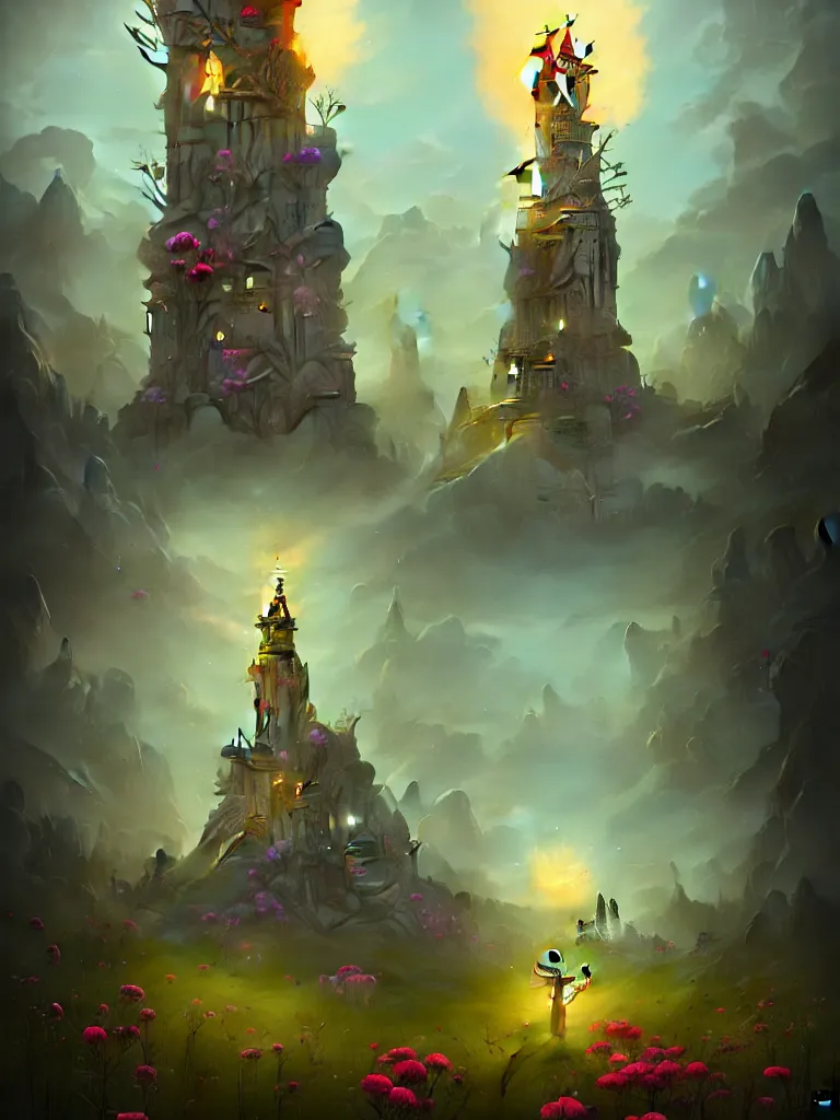Prompt: a wizard\'s tower in a meadow filled with ruins by Peter Mohrbacher, blue fireball, sunny, flowers