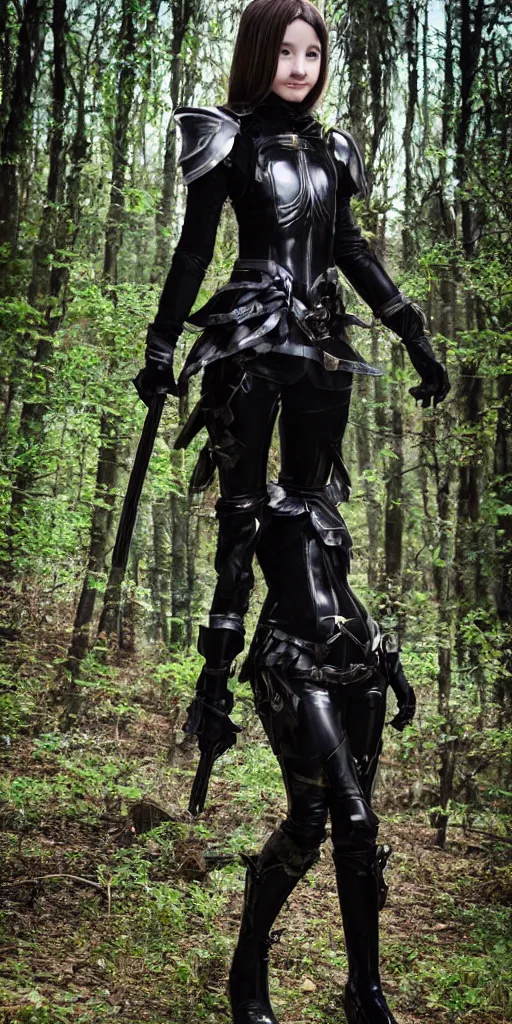 Prompt: preteen female cosplay necromant wearing a black armor and black boots, she is standing in a forest, full body shot, very detailed, 4k