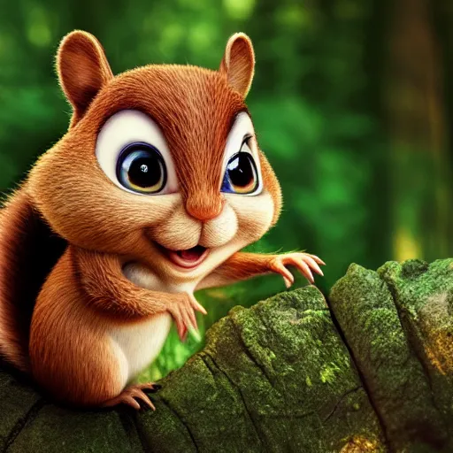 Image similar to very very very very cute Alvin the Chipmunk, portrait, pixar style, forest background, cinematic lighting, award winning creature portrait photography