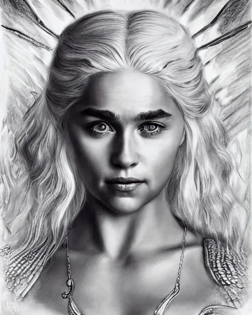 Prompt: pencil drawing of beautiful daenerys targaryen as greek goddess aphrodite with arrowhead jewelry, beautiful piercing eyes, beautiful blonde hair flying in the wind, hyper realistic face, in the style of greg rutkowski, fantasy, amazing detail, epic, elegant, smooth, sharp focus, from the front