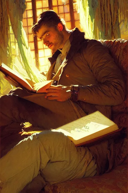 Image similar to attractive man reading books at night, painting by gaston bussiere, craig mullins, greg rutkowski, alphonse mucha