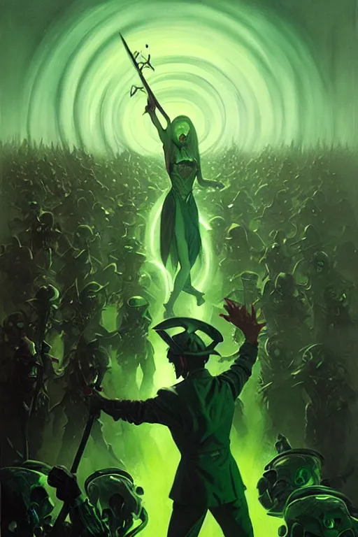 Image similar to the dark magician directs an army of the undead to the light one in a green acid fog, futurism, painting by greg rutkowski, j. c. leyendecker, artgerm