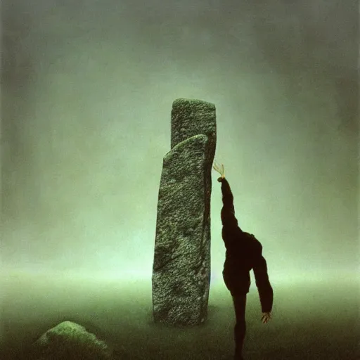 Prompt: arm reaching out of thick fog, rocks levitating in background, stonehenge, zdzislaw beksinski