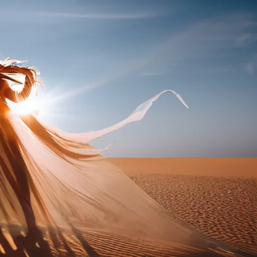 Image similar to filmstill photography of female body covered with curly white translucent blanket blowing in wind, acrylic liquid colors, luxurious supermodel photoshooting, golden jewelry, bokeh, godrays, strong wind, wrinkles, sunrays, sunset, lens flares, cold colors, sand dunes