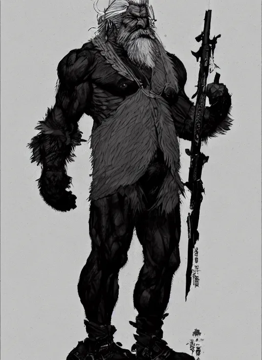 Image similar to Full body portrait of an old muscular man with white hair and black beard wearing bear skin. In style of Yoji Shinkawa and Hyung-tae Kim, trending on ArtStation, dark fantasy, great composition, concept art, highly detailed.