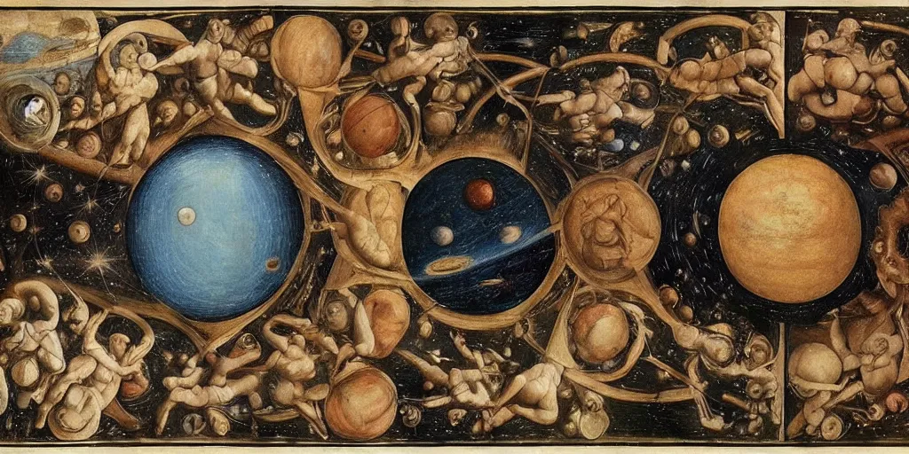 Image similar to the creation of the universe, planets and stars, in the style of leonardo da vinci