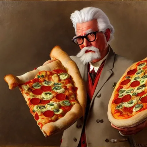 Image similar to colonel sanders eating many pizza, highly detailed painting by gaston bussiere, craig mullins, j. c. leyendecker, 8 k