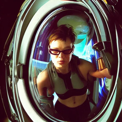 Prompt: beautiful extreme closeup portrait photo in style of 1 9 9 0 s frontiers in retrofuturism deep diving helmet fashion magazine wachowski edition, highly detailed, focus on full body mirror in foreground, soft lighting