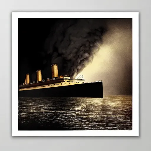 Prompt: the rms titanic hitting a fatberg in the london sewer. Dystopian style, dramatic lighting, neutral colors