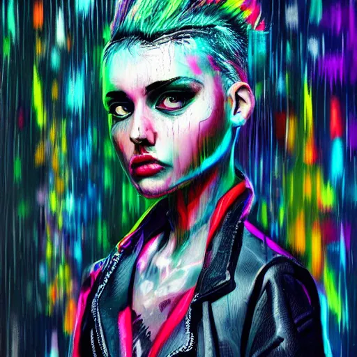 Image similar to splashes of neon, mowhawk, punk portrait made out of paint with rain in the background, trending on artstation, epic composition, emotional, beautiful, rendered in octane, highly detailed, realistic, tim burton comic book art, sharp focus, matte painting