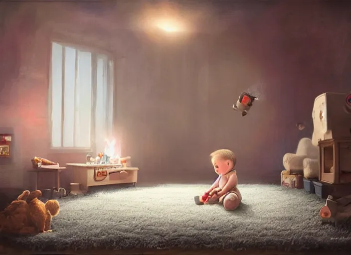 Prompt: lonely toddler elon musk sitting on a shaggy rug playing with his little rockets, bedroom, realistic painting, beautiful soft lighting, istvan sandorfi