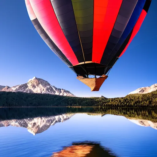 Image similar to Photo of a hot air balloon flying above a reflective mountain lake, the lake has two black swans swimming, touching heads, forming a heart with their necks, beautiful, High resolution photo, intricate, 8k highly professionally detailed, HDR, CGsociety, render