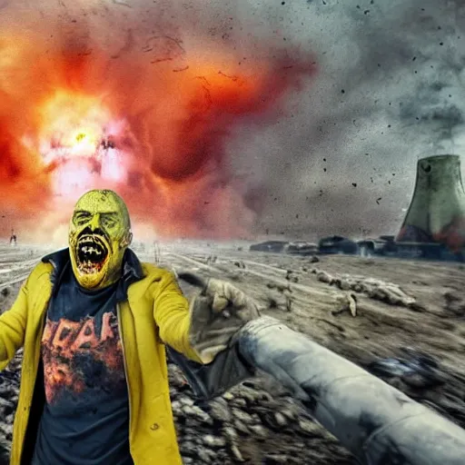 Image similar to selfie of a ukrainian screaming in pain and terrible injuries from a nuclear explosion, everything is on fire and radiation, in the background there are a lot of people like zombies, corpses and skeletons, a large nuclear explosion in the background, people are painted in yellow and blue, all dirty with severed limbs, doomsday