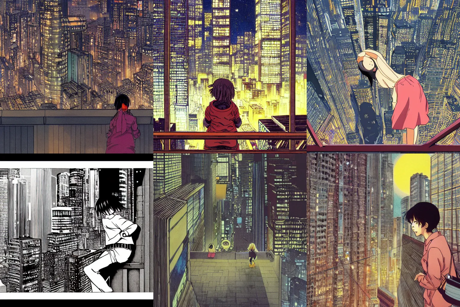 Prompt: Girl leaning on a wooden fence looking down at a city during the night, anime, by Katsuhiro Otomo, highly detailed, city, night time