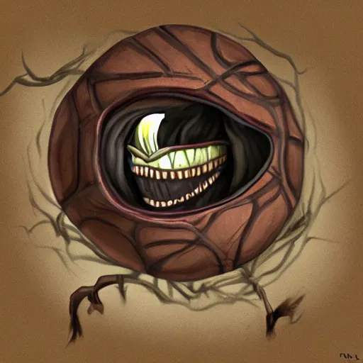 Image similar to a mimic disguised as a basketball inside of a cave gnarling it's teeth ready to attack, fantasy, digital painting