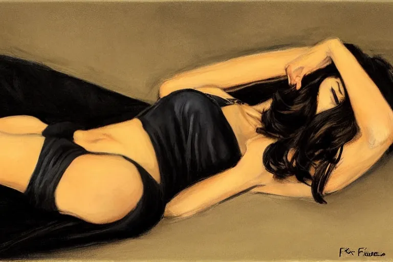 Image similar to Ground Level Shot, long shot of a beautiful dark haired woman wearing a black dress, laying on her back on a bed. by fabian perez