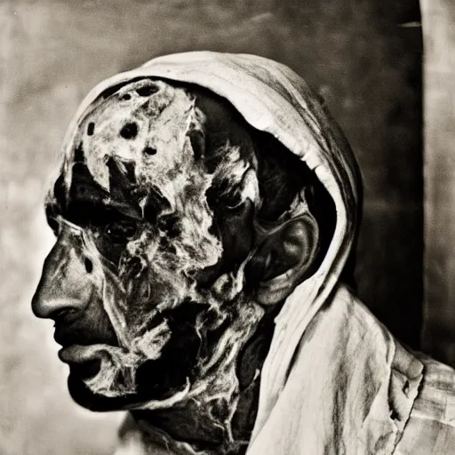 Prompt: black and white photograph the burned man tightly wrapped in linen portrait dramatic lighting by Walker Evans