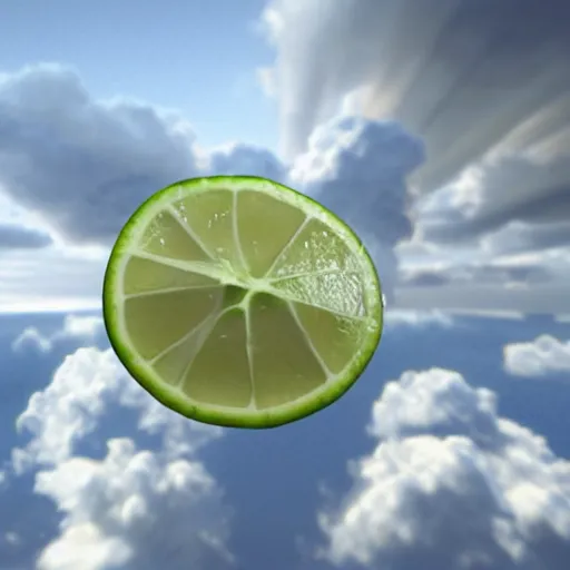 Image similar to 2 0 0 0 render of a sliced lime falling in heaven, clouds, uncanny, sleepy