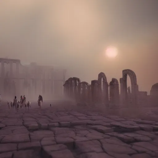 Prompt: Giant smoke monster coming out of the ground, thick swirling smoke, mist, air particles, sandstorm, dramatic lighting, Byzantine ruins, surrounded by priests, worshipers, desert, cinematic, trending on artstation