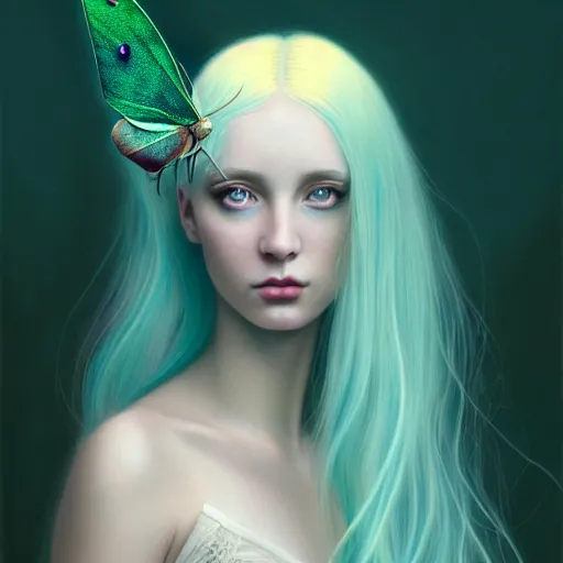 Image similar to portrait of girl with pale teal hair, luna moth, uniquely beautiful, fantasy, intricate, elegant, dramatic lighting, emotionally evoking symbolic metaphor, highly detailed, lifelike, photorealistic, digital painting, artstation, concept art, smooth, sharp focus, illustration, art by John Collier and Albert Aublet and Krenz Cushart and Artem Demura and Alphonse Mucha