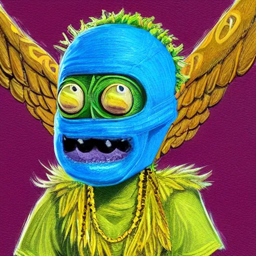 Prompt: a tennis ball monster with angel halo and wings, golden chain necklace, balaclava, tennis ball, urban, hip hop, rap, colorful, digital art, fantasy, magic, trending on artstation, ultra detailed, professional illustration by Basil Gogos