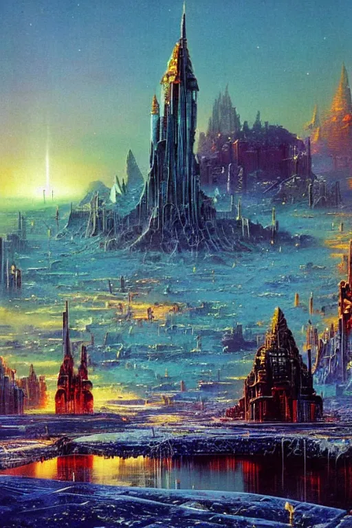 Image similar to a city in an frozen world landscape, cosmic sky sci - fi vivid by bruce pennington