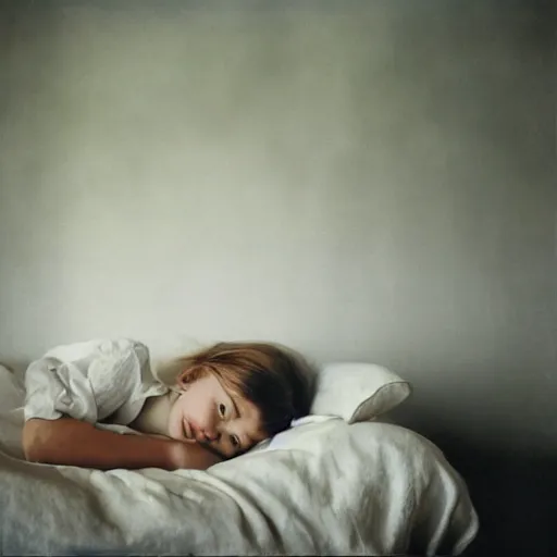 Image similar to closeup portrait of girl in linen clothing floating from the room ceiling into a bed, natural sun lighting, 8 5 mm lens by annie leibovitz