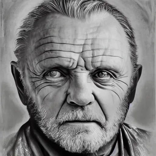 Prompt: encaustic silverpoint immense regal portrait anthony hopkins wearing toga as zeus interior of mount olympus pantheon electrified badass god standing around