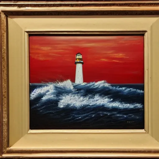 Image similar to an oil painting of a lighthouse overlooking an ocean made of blood, epic