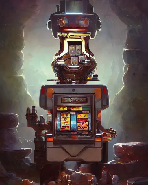 Prompt: robotic slot machine [ thing ], lights, tiny, small, short, dnd character art portrait, matte fantasy painting, deviantart artstation, by jason felix by steve argyle by tyler jacobson by peter mohrbacher, cinema