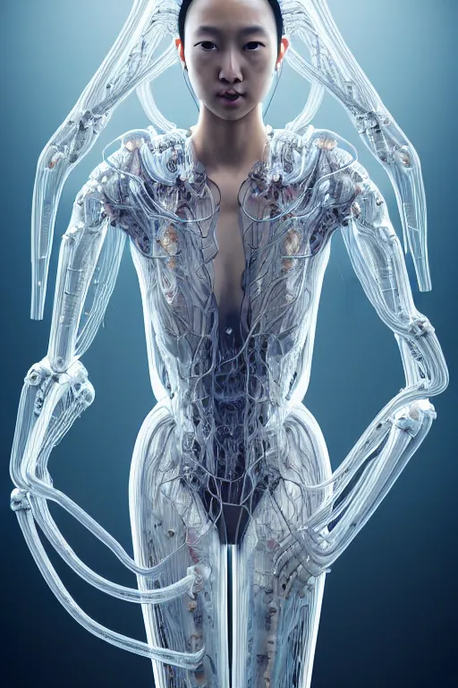 Prompt: young asian woman, iris van herpen, beautiful face, perfect symmetrical body, full body shot, inflateble shapes, wires, tubes, veins, jellyfish, white biomechanical details, wearing epic bionic cyborg implants, masterpiece, intricate, biopunk, vogue, highly detailed, artstation, concept art, cyberpunk, octane render