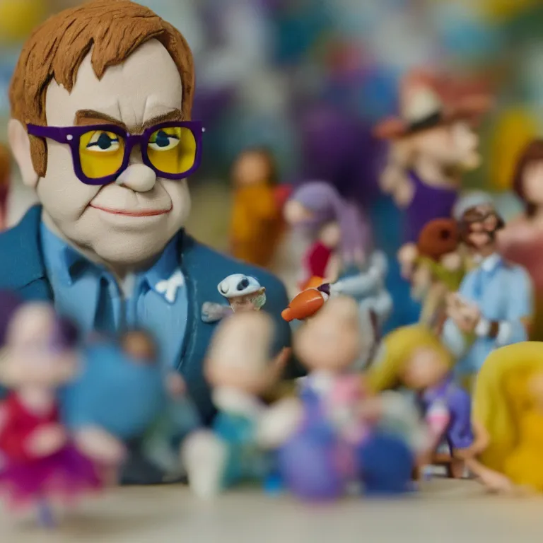 Image similar to a cinematic film still of a claymation stop motion film starring elton john, shallow depth of field, 8 0 mm, f 1. 8