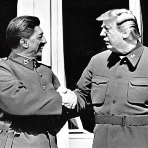 Prompt: photo of stalin and trump shaking hands, award winning photo, 3 5 mm camera, colour