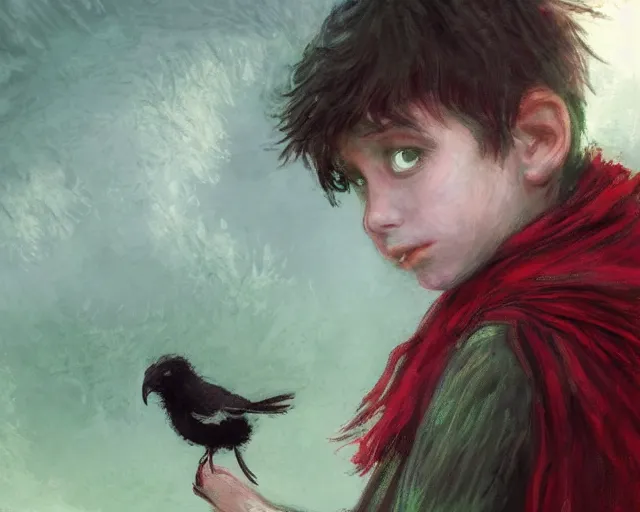 Prompt: a young boy with a red scarf, medium long brown hair, green eyes, is looking at a bird, ethereal, horror, fantasy art by greg rutkowski and magali villeneuve and claude monet black and white but the eyes are green and the scarf is red