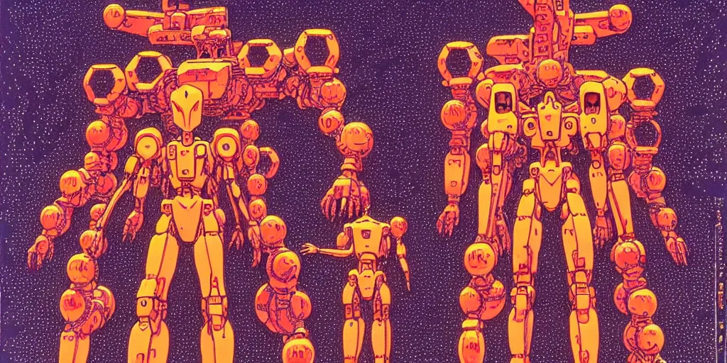 Image similar to risograph rendition of extremely - detailed white huge evangelion - like mech with a lot of orange tiny balls on it, children faces, ominous, intricate complexity, dramatic, epic composition, atmospheric, painting by moebius