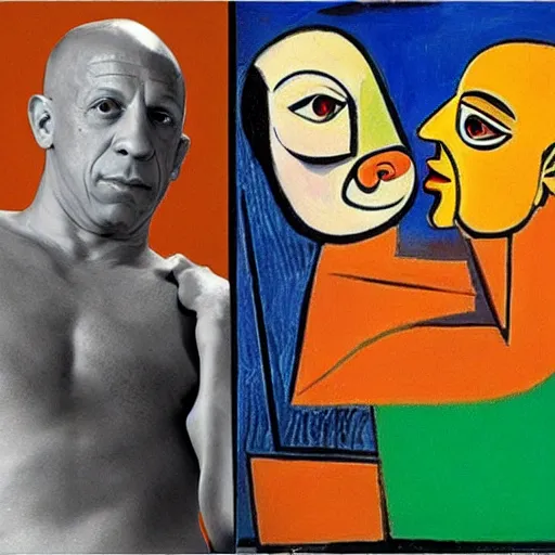 Prompt: Pablo Picasso and Vin Diesel high-fiving