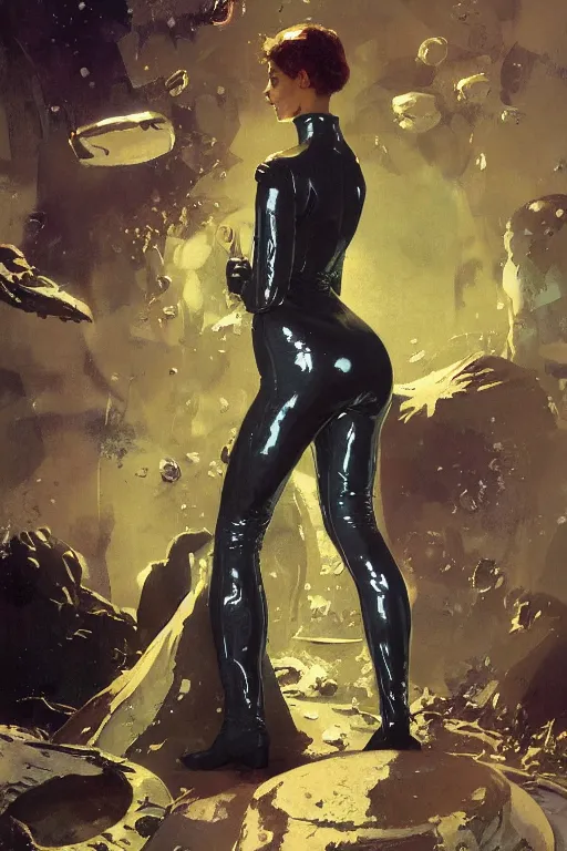 Image similar to pulp scifi fantasy illustration full body portrait of elegant woman wearing latex spacesuit, by norman rockwell, jack kirby, bergey, craig mullins, ruan jia, jeremy mann, tom lovell