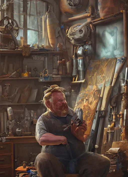 Image similar to An epic fantasy comic book style portrait painting of a an old tinker fat man working on a device in her workshop, unreal 5, DAZ, hyperrealistic, octane render, cosplay, RPG portrait, dynamic lighting
