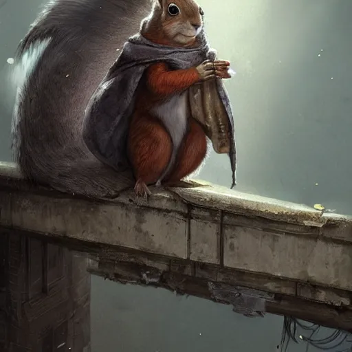 Image similar to Anthropomorphic Squirrel in cloak sitting atop a roof in a decimated city rossdraws,greg rutkowski,and Sarah Andersen,ambient style, very detailed,detailed armor,detailed helmet,movie poster type,cinematic lighting