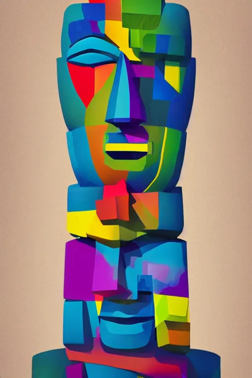 Image similar to cubist moai statue cutout digital illustration cartoon colorful beeple