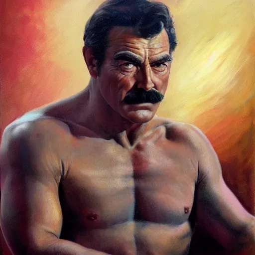Prompt: ultra realistic portrait painting of tom selleck as sphynx, art by frank frazetta, 4 k, ultra realistic, highly detailed, epic lighting