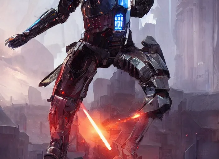 Image similar to medieval cyberpunk knight in a scenic cyberpunk environment, armor inspired by star wars and iron man, cybernetic implants, beautiful digital art, action pose, epic lighting, epic composition, sharp focus