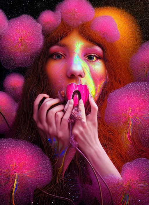 Image similar to hyper detailed 3d render like a Oil painting - Aurora (Singer) seen Eating of the Strangling network of yellowcake aerochrome and milky Fruit and Her delicate Hands hold of gossamer polyp blossoms bring iridescent fungal flowers whose spores black the foolish stars to her kawaii mouth by Jacek Yerka, Mariusz Lewandowski, Houdini algorithmic generative render, Abstract brush strokes, Masterpiece, Edward Hopper and James Gilleard, Zdzislaw Beksinski, Mark Ryden, Wolfgang Lettl, hints of Yayoi Kasuma, octane render, 8k