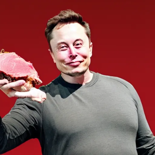 Image similar to elon musk holding a piece of meat, offering it to you