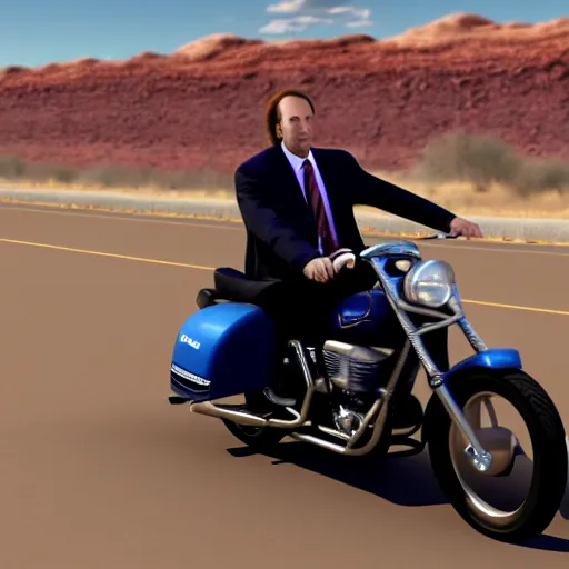 Image similar to Saul Goodman driving a motorcycle, highly detailed, 4k