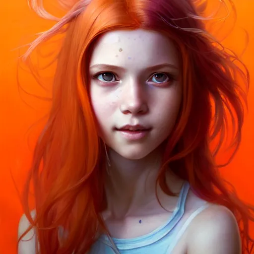 Prompt: portrait painting of a cute teenage girl with wild orange hair and a bright smile wearing cyberpunk clothes, ultra realistic, concept art, intricate details, eerie, highly detailed, photorealistic, octane render, 8 k, unreal engine. art by artgerm and greg rutkowski and charlie bowater and magali villeneuve and alphonse mucha