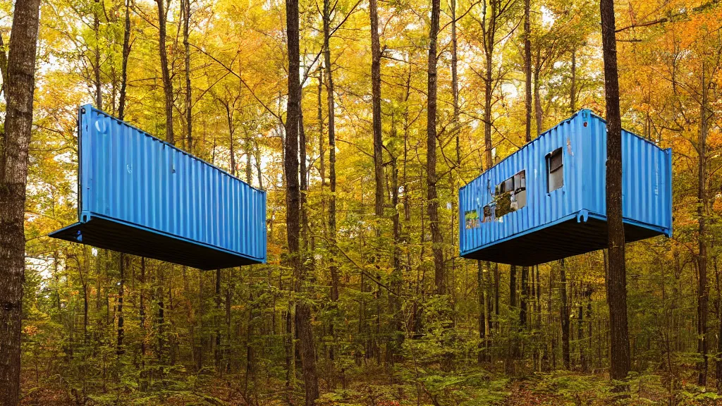 Image similar to modernist shipping container treehouses in william penn state forest, pennsylvania, usa, autumn