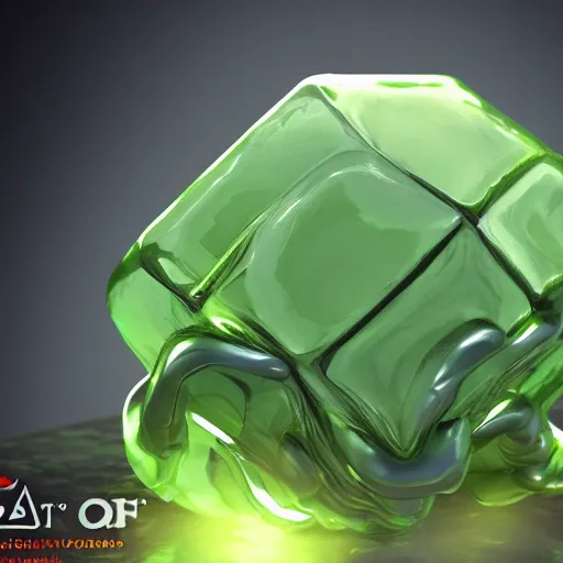 Image similar to a gelatinous cube from dnd with bones floating in it, translucent green slime cube filled with bones, 3d render, unreal engine, volumetric lighting, artstation