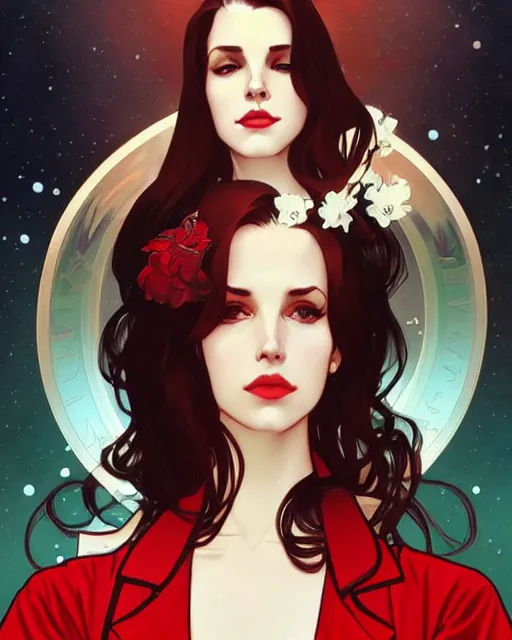 Image similar to lana del rey as a confident scientist, wearing a labcoat, intricate, red white and black color scheme, illustration by krenz cushart, alphonse mucha, artgerm, trending on artstation