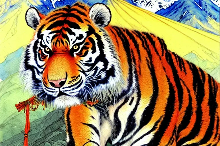 Image similar to a hyperrealist watercolour character concept art portrait of tibetan style tiger in the himalayans. prayer flags adorned. neon flowers. by rebecca guay, michael kaluta, charles vess and jean moebius giraud